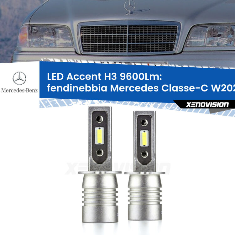 <strong>Kit LED Fendinebbia per Mercedes Classe-C</strong> W202 1993 - 1996.</strong> Coppia lampade <strong>H3</strong> senza ventola e ultracompatte per installazioni in fari senza spazi.