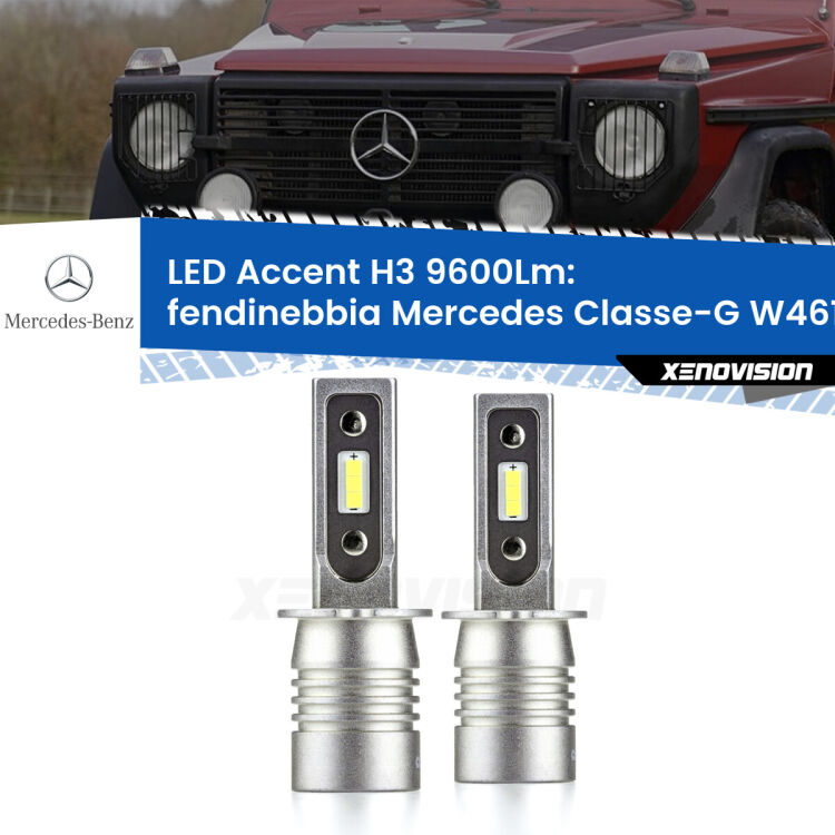 <strong>Kit LED Fendinebbia per Mercedes Classe-G</strong> W461 1990 - 2000.</strong> Coppia lampade <strong>H3</strong> senza ventola e ultracompatte per installazioni in fari senza spazi.