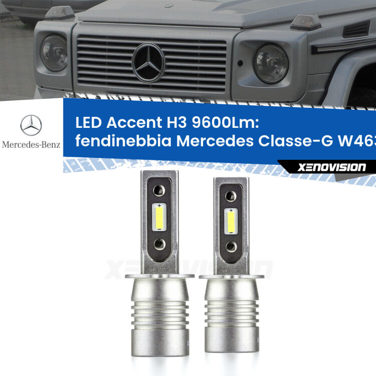 <strong>Kit LED Fendinebbia per Mercedes Classe-G</strong> W463 1991 - 2004.</strong> Coppia lampade <strong>H3</strong> senza ventola e ultracompatte per installazioni in fari senza spazi.