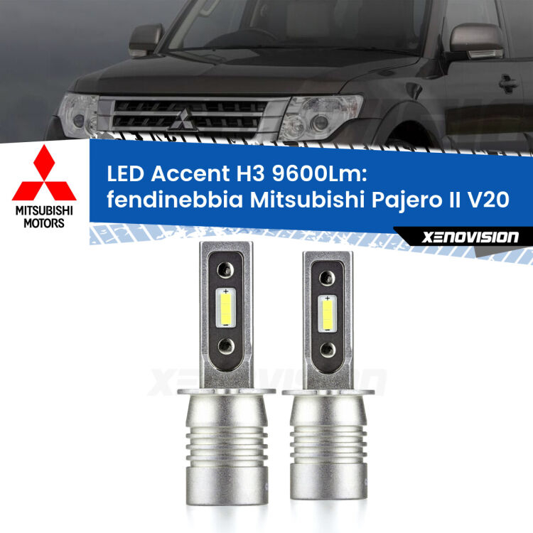 <strong>Kit LED Fendinebbia per Mitsubishi Pajero II</strong> V20 1990 - 2000.</strong> Coppia lampade <strong>H3</strong> senza ventola e ultracompatte per installazioni in fari senza spazi.