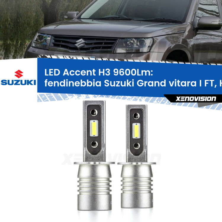 <strong>Kit LED Fendinebbia per Suzuki Grand vitara I</strong> FT, HT 1998 - 2006.</strong> Coppia lampade <strong>H3</strong> senza ventola e ultracompatte per installazioni in fari senza spazi.