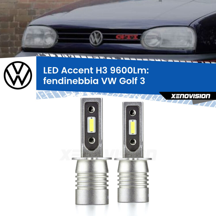 <strong>Kit LED Fendinebbia per VW Golf 3</strong>  1991 - 1997.</strong> Coppia lampade <strong>H3</strong> senza ventola e ultracompatte per installazioni in fari senza spazi.