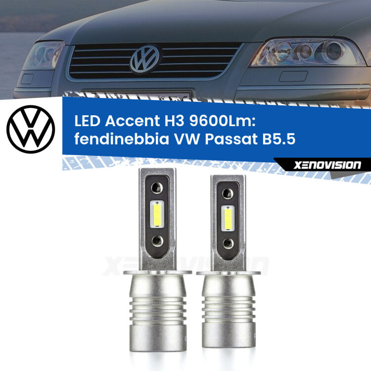 <strong>Kit LED Fendinebbia per VW Passat</strong> B5.5 2000 - 2005.</strong> Coppia lampade <strong>H3</strong> senza ventola e ultracompatte per installazioni in fari senza spazi.