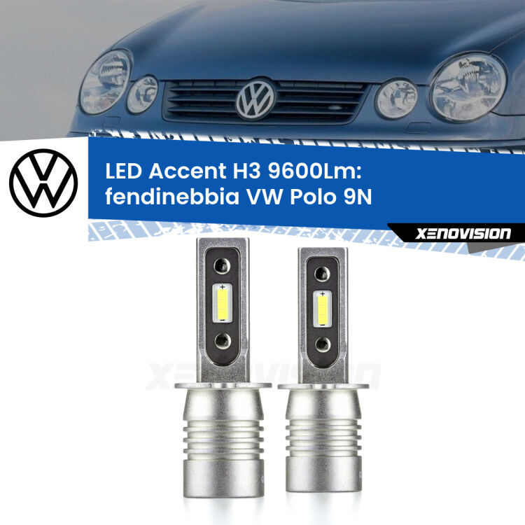 <strong>Kit LED Fendinebbia per VW Polo</strong> 9N 2002 - 2005.</strong> Coppia lampade <strong>H3</strong> senza ventola e ultracompatte per installazioni in fari senza spazi.