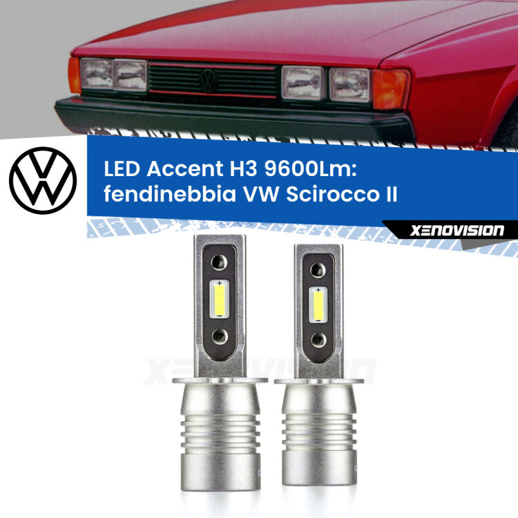 <strong>Kit LED Fendinebbia per VW Scirocco</strong> II 1980 - 1992.</strong> Coppia lampade <strong>H3</strong> senza ventola e ultracompatte per installazioni in fari senza spazi.