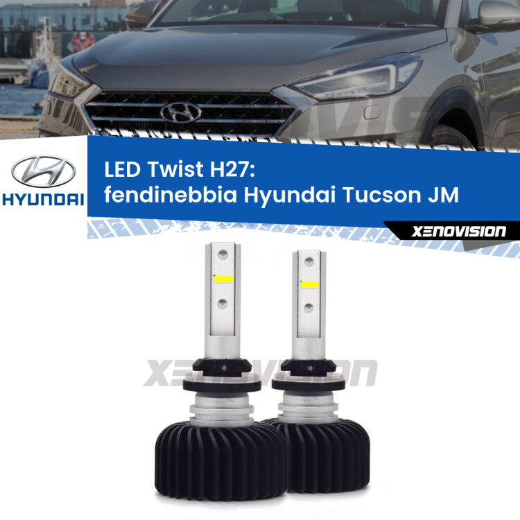 <strong>Kit fendinebbia LED</strong> H27 per <strong>Hyundai Tucson</strong> JM 2004 - 2013. Compatte, impermeabili, senza ventola: praticamente indistruttibili. Top Quality.