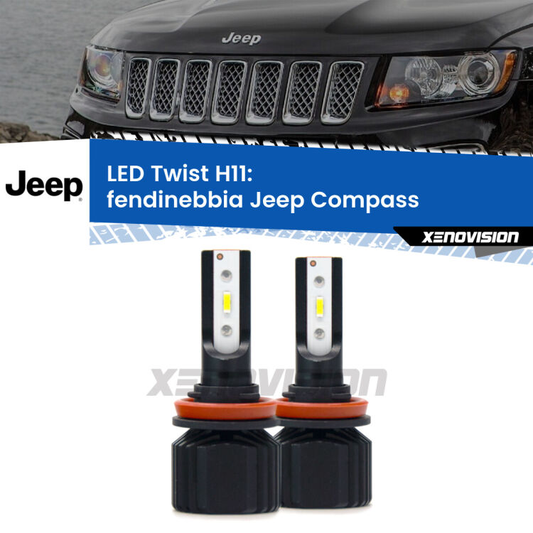 <strong>Kit fendinebbia LED</strong> H11 per <strong>Jeep Compass</strong>  2011 - 2016. Compatte, impermeabili, senza ventola: praticamente indistruttibili. Top Quality.