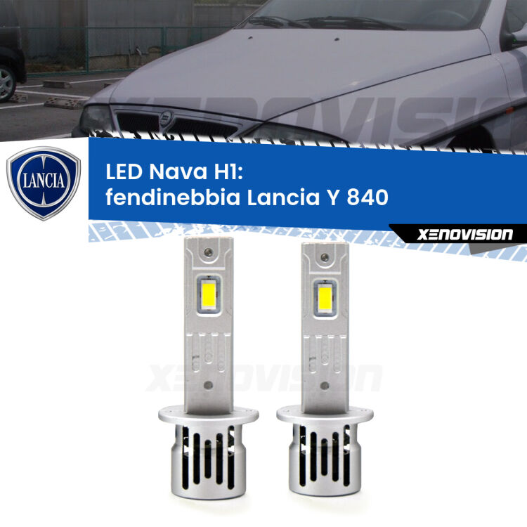 <strong>Fendinebbia LED no-spie per Lancia Y</strong> 840 1995 - 2003. Coppia lampade <strong> H1</strong> modello Nava canbus, raffreddate a ventola.