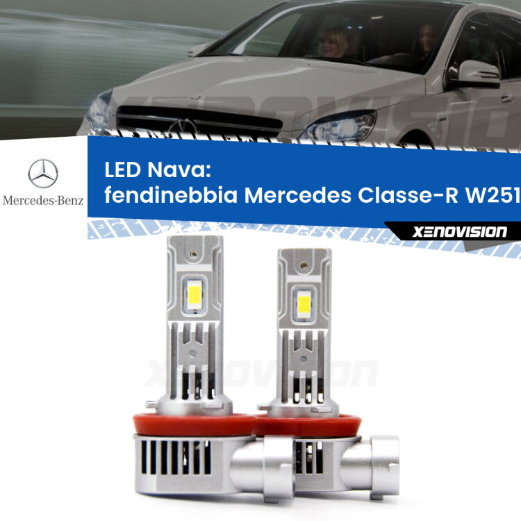 <strong>Fendinebbia LED no-spie per Mercedes Classe-R</strong> W251, V251 2006 - 2014. Coppia lampade <strong>H11</strong>/H9/H8/H16(JP) modello Nava canbus, raffreddate a ventola.