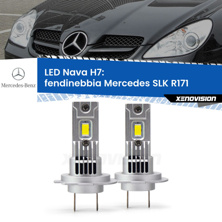 <strong>Fendinebbia LED no-spie per Mercedes SLK</strong> R171 con luci svolta. Coppia lampade <strong>H7</strong> modello Nava canbus, raffreddate a ventola.