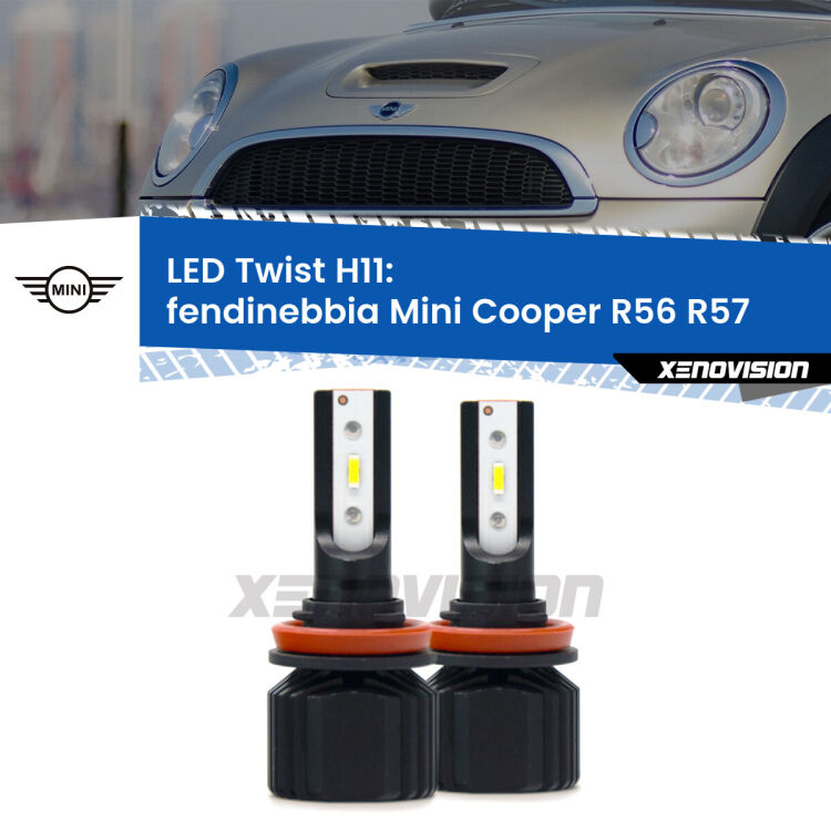 <strong>Kit fendinebbia LED</strong> H11 per <strong>Mini Cooper</strong> R56 R57 2006 - 2013. Compatte, impermeabili, senza ventola: praticamente indistruttibili. Top Quality.