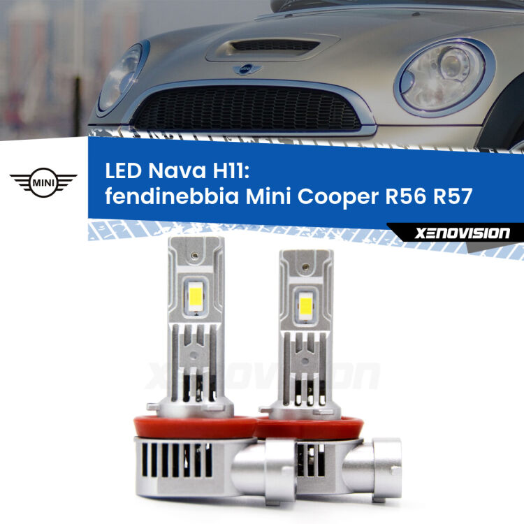 <strong>Fendinebbia LED no-spie per Mini Cooper</strong> R56 R57 2006 - 2013. Coppia lampade <strong>H11</strong> modello Nava canbus, raffreddate a ventola.