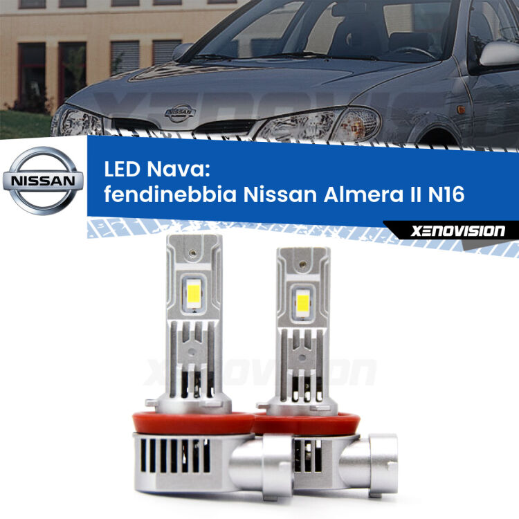 <strong>Fendinebbia LED no-spie per Nissan Almera II</strong> N16 2002 - 2006. Coppia lampade <strong>H11</strong>/H9/H8/H16(JP) modello Nava canbus, raffreddate a ventola.