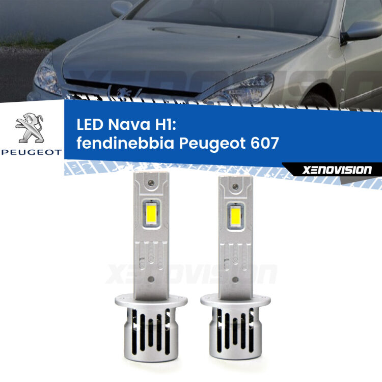 <strong>Fendinebbia LED no-spie per Peugeot 607</strong>  2000 - 2010. Coppia lampade <strong> H1</strong> modello Nava canbus, raffreddate a ventola.