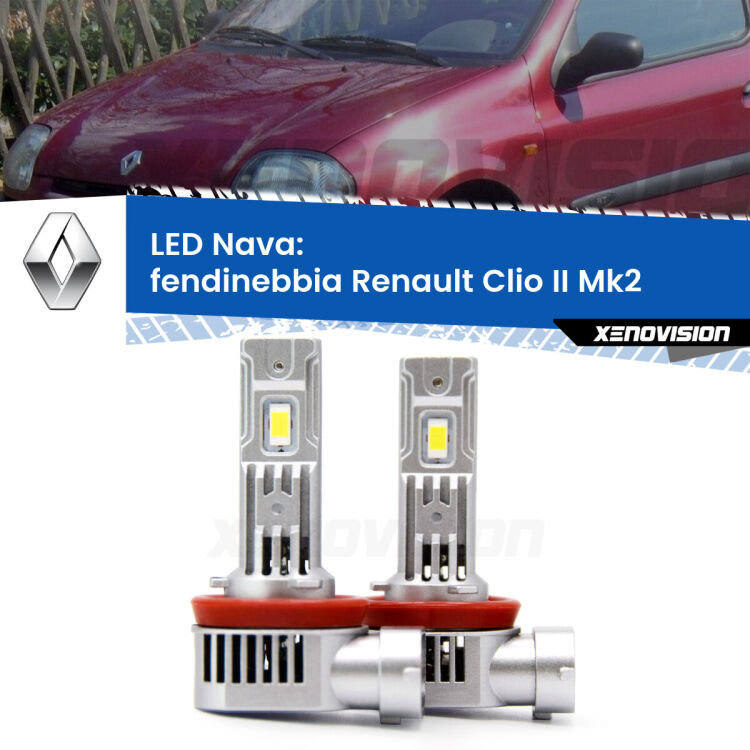 <strong>Fendinebbia LED no-spie per Renault Clio II</strong> Mk2 2001 - 2004. Coppia lampade <strong>H11</strong>/H9/H8/H16(JP) modello Nava canbus, raffreddate a ventola.