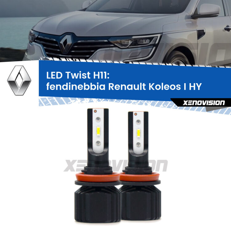 <strong>Kit fendinebbia LED</strong> H11 per <strong>Renault Koleos I</strong> HY 2006 - 2015. Compatte, impermeabili, senza ventola: praticamente indistruttibili. Top Quality.