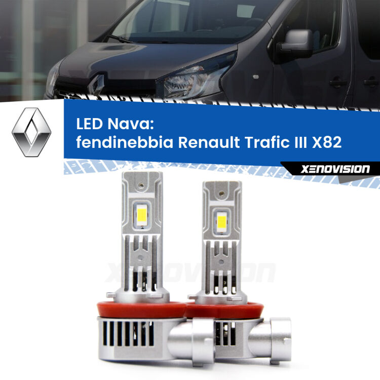 <strong>Fendinebbia LED no-spie per Renault Trafic III</strong> X82 2014 in poi. Coppia lampade <strong>H11</strong>/H9/H8/H16(JP) modello Nava canbus, raffreddate a ventola.