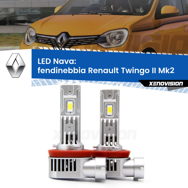 <strong>Fendinebbia LED no-spie per Renault Twingo II</strong> Mk2 2007 - 2013. Coppia lampade <strong>H11</strong>/H9/H8/H16(JP) modello Nava canbus, raffreddate a ventola.