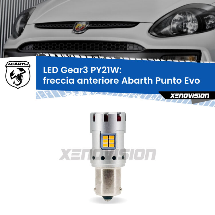 <strong>Freccia Anteriore LED no-spie per Abarth Punto Evo</strong>  2010 - 2014. Lampada <strong>PY21W</strong> modello Gear3 no Hyperflash, raffreddata a ventola.