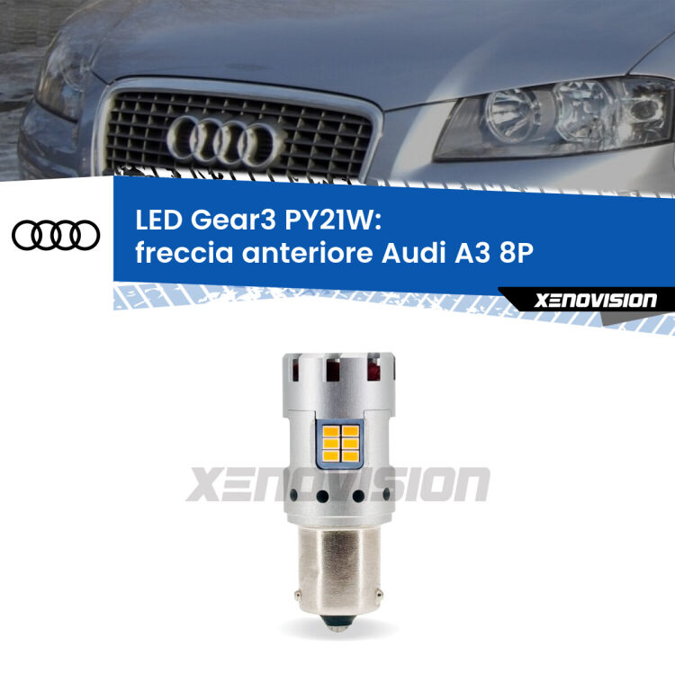 <strong>Freccia Anteriore LED no-spie per Audi A3</strong> 8P 2003 - 2008. Lampada <strong>PY21W</strong> modello Gear3 no Hyperflash, raffreddata a ventola.