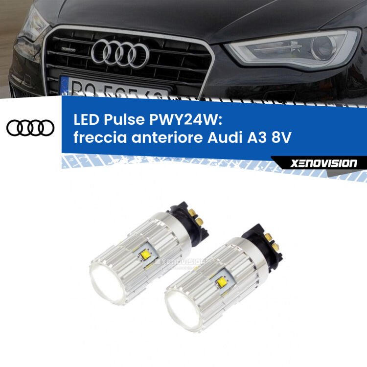 <strong>Freccia Anteriore LED no-spie per Audi A3</strong> 8V con fari alogeni. Coppia lampade <strong>PWY24W</strong> modello Pulse di Xenovision.