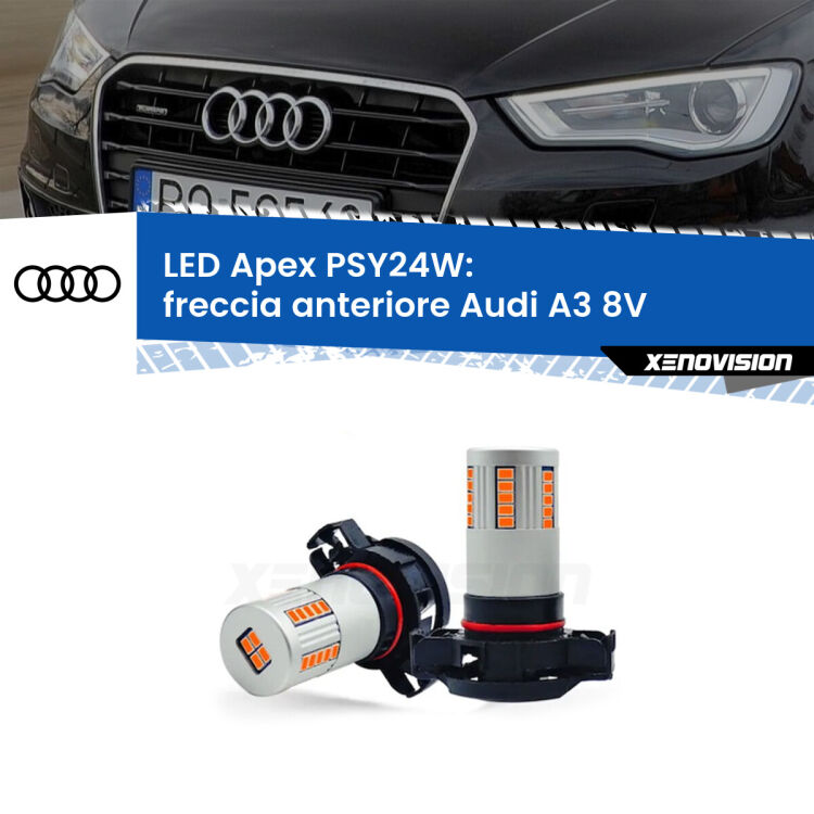 <strong>Freccia Anteriore LED no-spie per Audi A3</strong> 8V con fari xenon. Coppia lampade <strong>PSY24W</strong> modello Apex no Hyperflash.