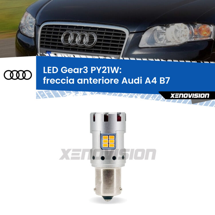 <strong>Freccia Anteriore LED no-spie per Audi A4</strong> B7 faro bianco. Lampada <strong>PY21W</strong> modello Gear3 no Hyperflash, raffreddata a ventola.