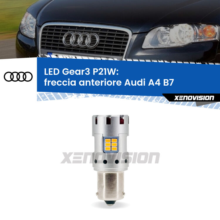 <strong>Freccia Anteriore LED no-spie per Audi A4</strong> B7 faro giallo. Lampada <strong>P21W</strong> modello Gear3 no Hyperflash, raffreddata a ventola.