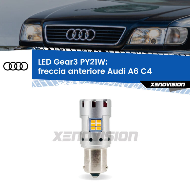 <strong>Freccia Anteriore LED no-spie per Audi A6</strong> C4 1994 - 1997. Lampada <strong>PY21W</strong> modello Gear3 no Hyperflash, raffreddata a ventola.