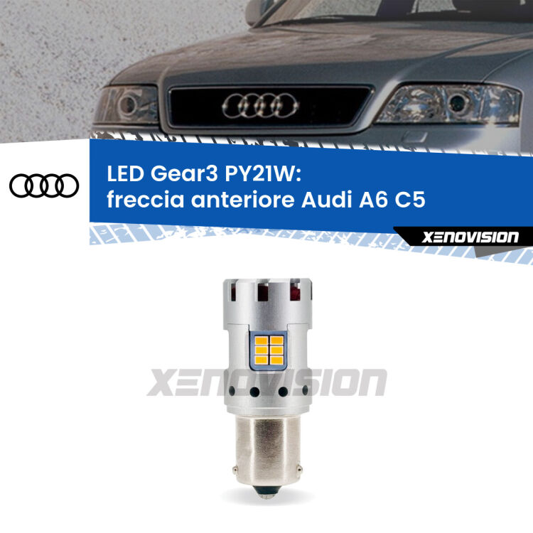 <strong>Freccia Anteriore LED no-spie per Audi A6</strong> C5 1997 - 2004. Lampada <strong>PY21W</strong> modello Gear3 no Hyperflash, raffreddata a ventola.