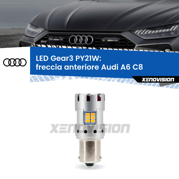 <strong>Freccia Anteriore LED no-spie per Audi A6</strong> C8 2018 in poi. Lampada <strong>PY21W</strong> modello Gear3 no Hyperflash, raffreddata a ventola.