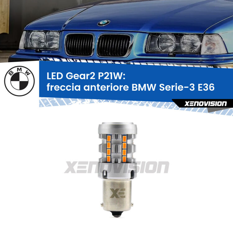 FINE SERIE: NO GARANZIA <strong>Freccia Anteriore LED no-spie per BMW Serie-3</strong> E36 faro giallo. Lampada <strong>P21W</strong> modello Gear2 no Hyperflash.