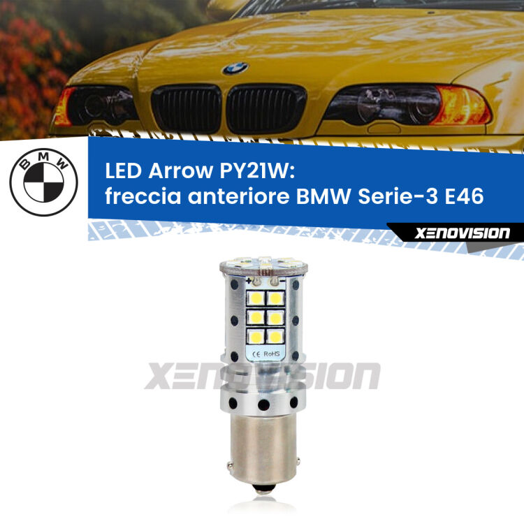 <strong>Freccia Anteriore LED no-spie per BMW Serie-3</strong> E46 faro bianco. Lampada <strong>PY21W</strong> modello top di gamma Arrow.