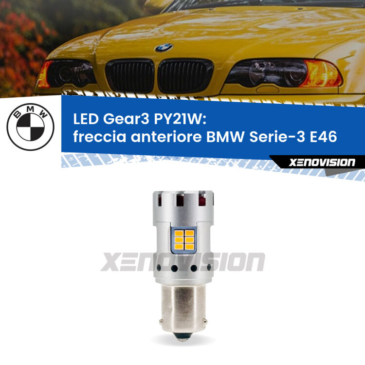 <strong>Freccia Anteriore LED no-spie per BMW Serie-3</strong> E46 faro bianco. Lampada <strong>PY21W</strong> modello Gear3 no Hyperflash, raffreddata a ventola.