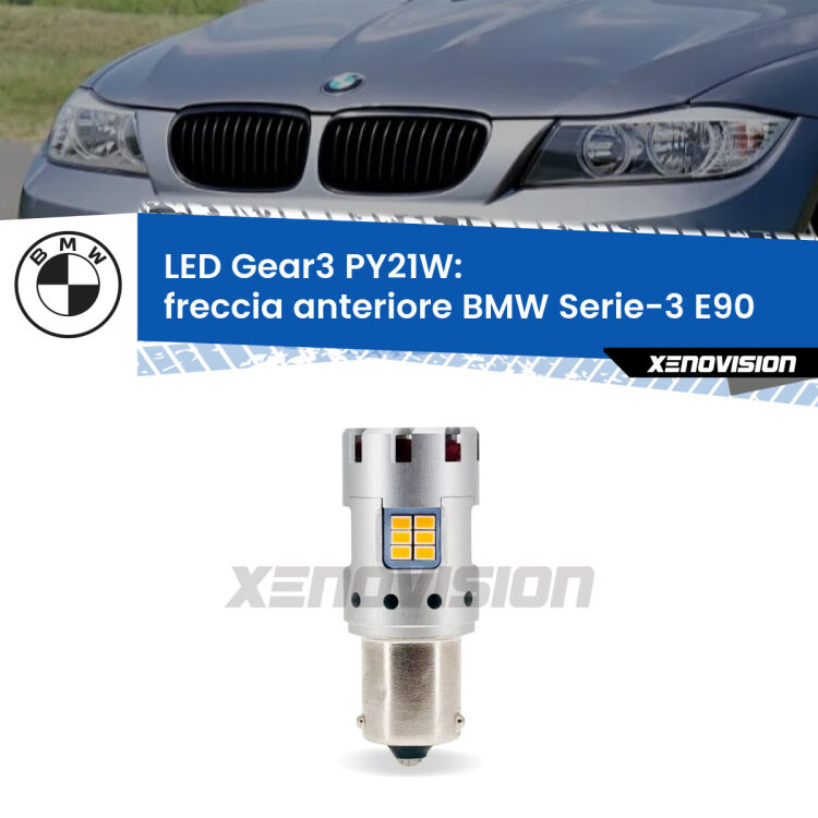 <strong>Freccia Anteriore LED no-spie per BMW Serie-3</strong> E90 2005 - 2011. Lampada <strong>PY21W</strong> modello Gear3 no Hyperflash, raffreddata a ventola.