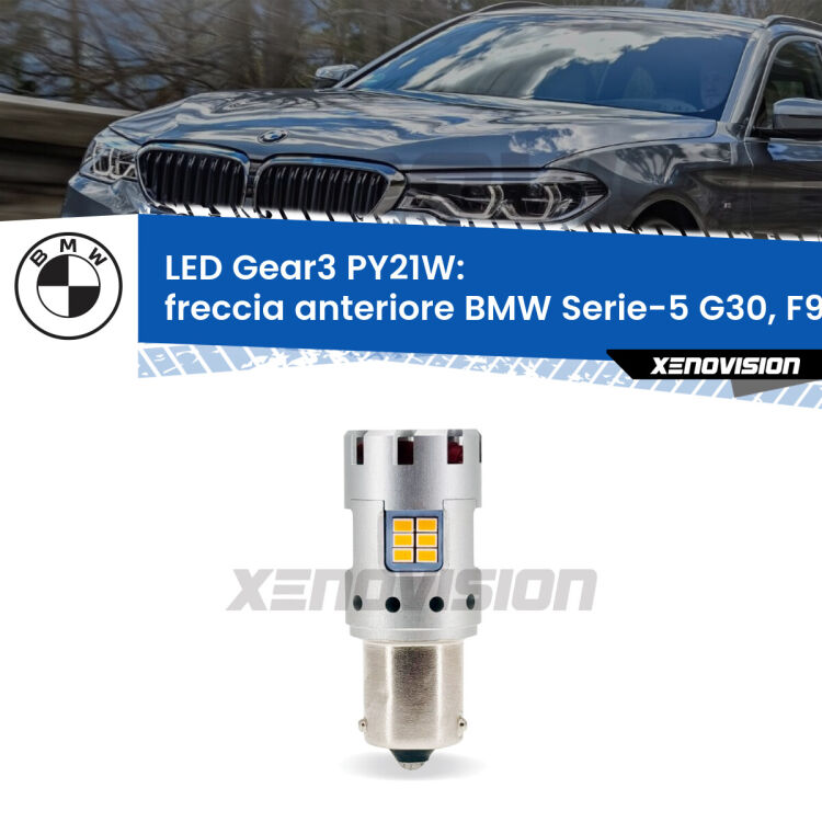 <strong>Freccia Anteriore LED no-spie per BMW Serie-5</strong> G30, F90 2017 in poi. Lampada <strong>PY21W</strong> modello Gear3 no Hyperflash, raffreddata a ventola.