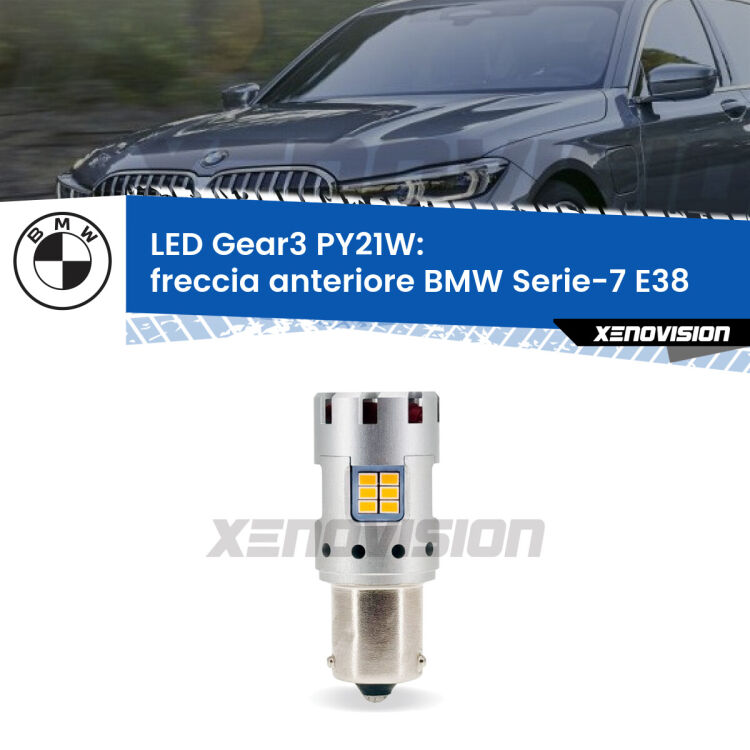 <strong>Freccia Anteriore LED no-spie per BMW Serie-7</strong> E38 faro bianco. Lampada <strong>PY21W</strong> modello Gear3 no Hyperflash, raffreddata a ventola.