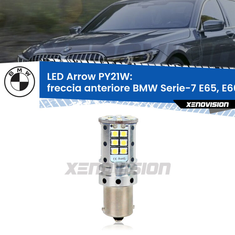 <strong>Freccia Anteriore LED no-spie per BMW Serie-7</strong> E65, E66, E67 faro bianco. Lampada <strong>PY21W</strong> modello top di gamma Arrow.