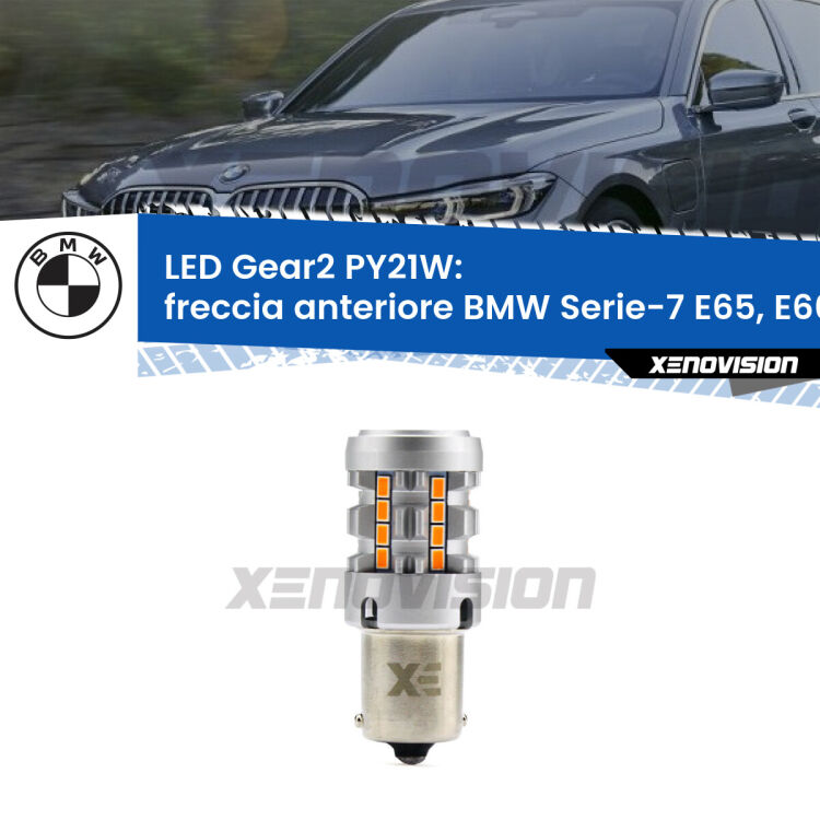 FINE SERIE: NO GARANZIA <strong>Freccia Anteriore LED no-spie per BMW Serie-7</strong> E65, E66, E67 faro bianco. Lampada <strong>PY21W</strong> modello Gear2 no Hyperflash.