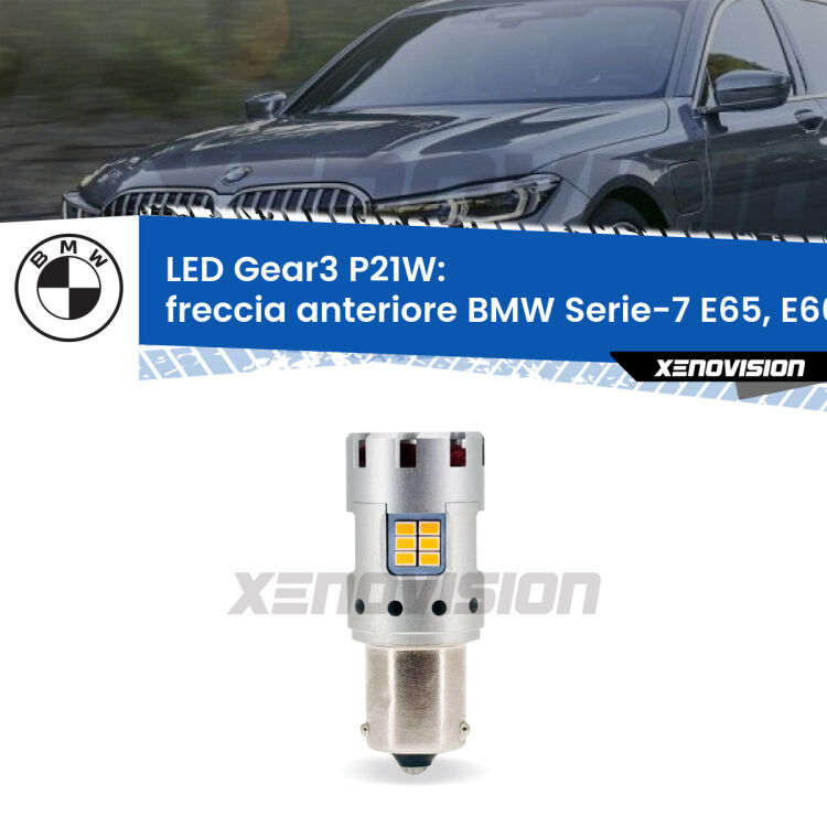 <strong>Freccia Anteriore LED no-spie per BMW Serie-7</strong> E65, E66, E67 faro giallo. Lampada <strong>P21W</strong> modello Gear3 no Hyperflash, raffreddata a ventola.