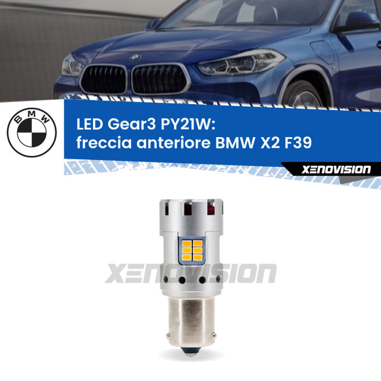 <strong>Freccia Anteriore LED no-spie per BMW X2</strong> F39 2017 in poi. Lampada <strong>PY21W</strong> modello Gear3 no Hyperflash, raffreddata a ventola.