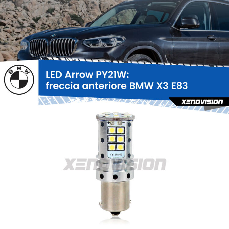 <strong>Freccia Anteriore LED no-spie per BMW X3</strong> E83 faro bianco. Lampada <strong>PY21W</strong> modello top di gamma Arrow.