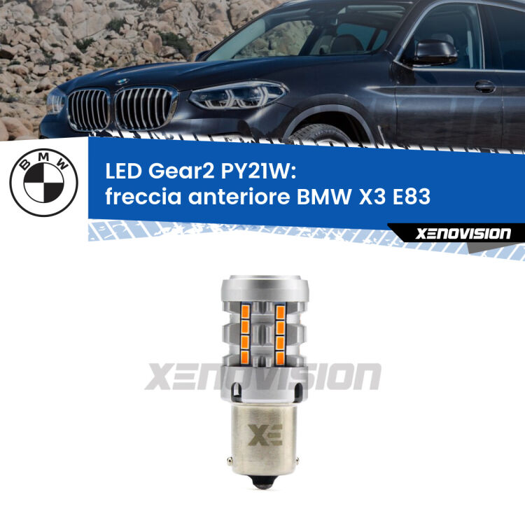 FINE SERIE: NO GARANZIA <strong>Freccia Anteriore LED no-spie per BMW X3</strong> E83 faro bianco. Lampada <strong>PY21W</strong> modello Gear2 no Hyperflash.