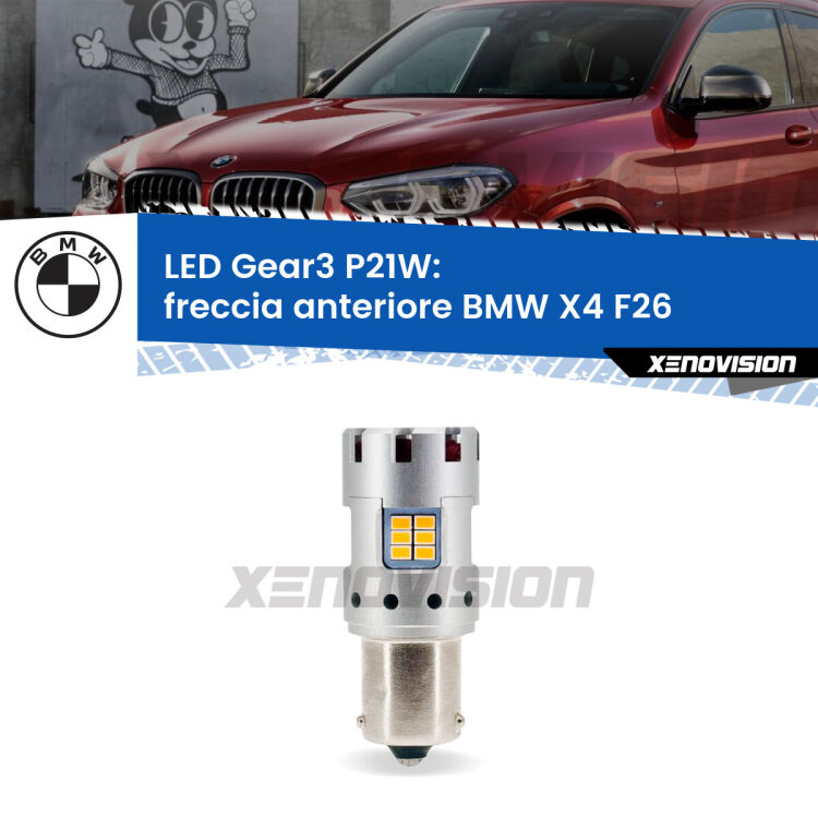 <strong>Freccia Anteriore LED no-spie per BMW X4</strong> F26 2014 - 2017. Lampada <strong>P21W</strong> modello Gear3 no Hyperflash, raffreddata a ventola.