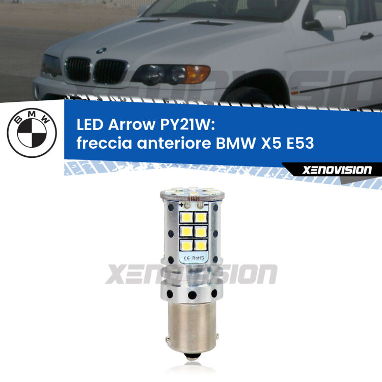 <strong>Freccia Anteriore LED no-spie per BMW X5</strong> E53 faro bianco. Lampada <strong>PY21W</strong> modello top di gamma Arrow.