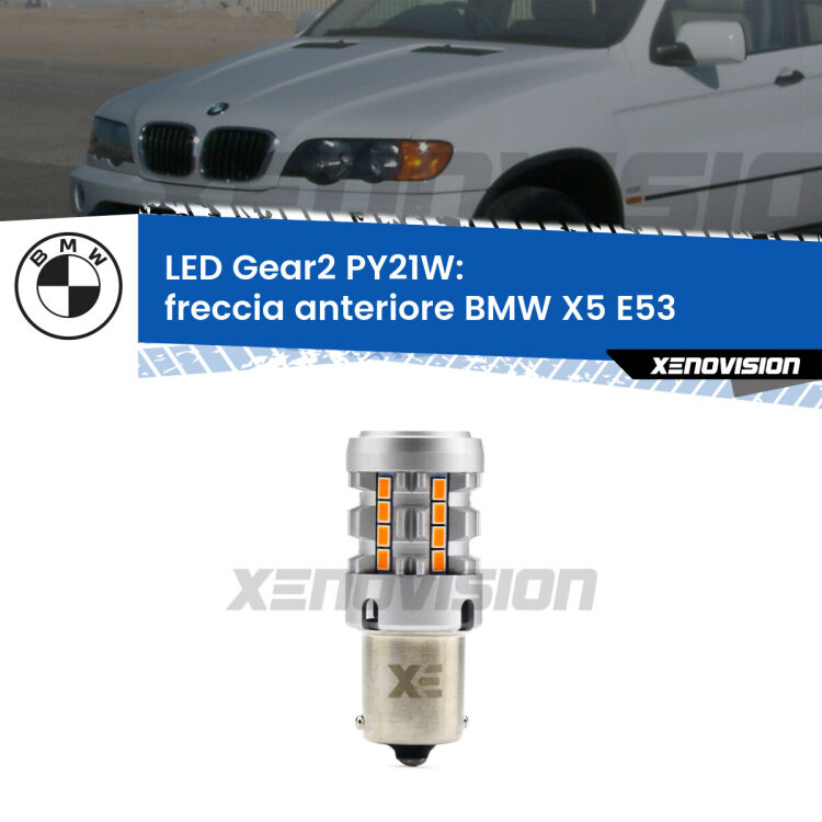 FINE SERIE: NO GARANZIA <strong>Freccia Anteriore LED no-spie per BMW X5</strong> E53 faro bianco. Lampada <strong>PY21W</strong> modello Gear2 no Hyperflash.