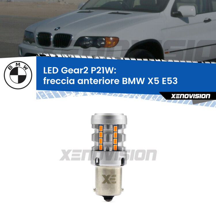 FINE SERIE: NO GARANZIA <strong>Freccia Anteriore LED no-spie per BMW X5</strong> E53 faro giallo. Lampada <strong>P21W</strong> modello Gear2 no Hyperflash.