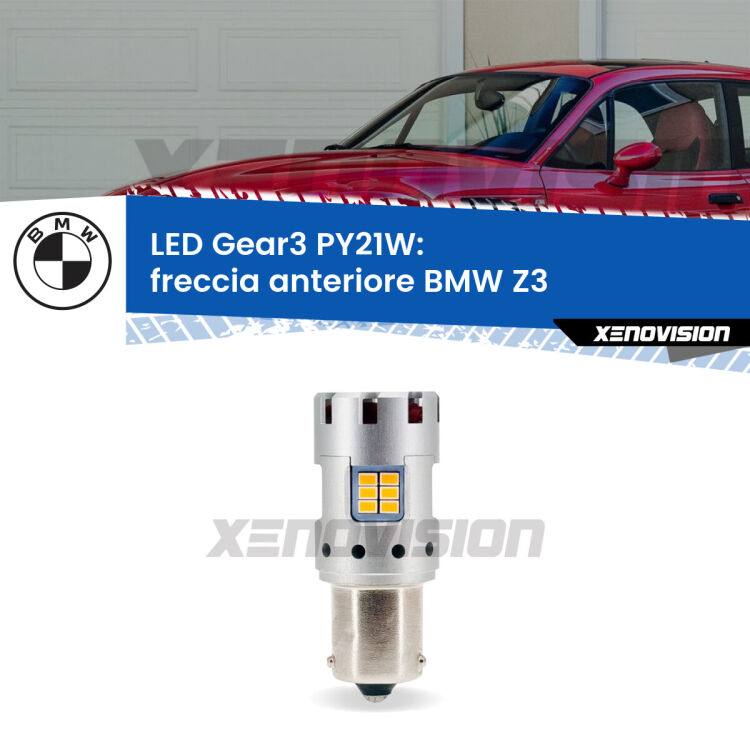 <strong>Freccia Anteriore LED no-spie per BMW Z3</strong>  faro bianco. Lampada <strong>PY21W</strong> modello Gear3 no Hyperflash, raffreddata a ventola.