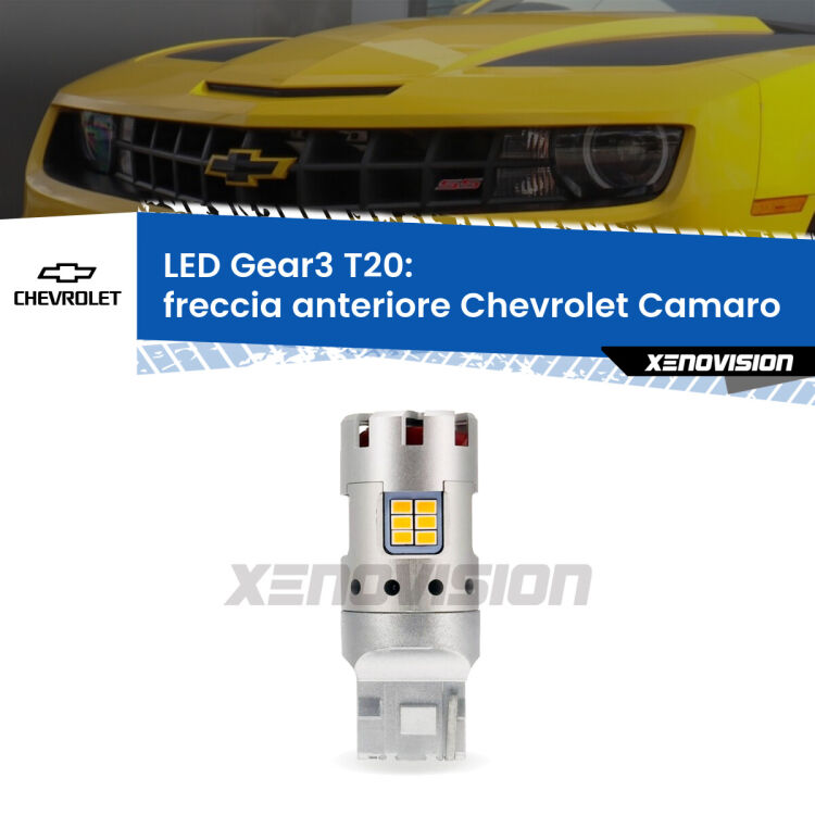 <strong>Freccia Anteriore LED no-spie per Chevrolet Camaro</strong>  2011 - 2015. Lampada <strong>T20</strong> modello Gear3 no Hyperflash, raffreddata a ventola.