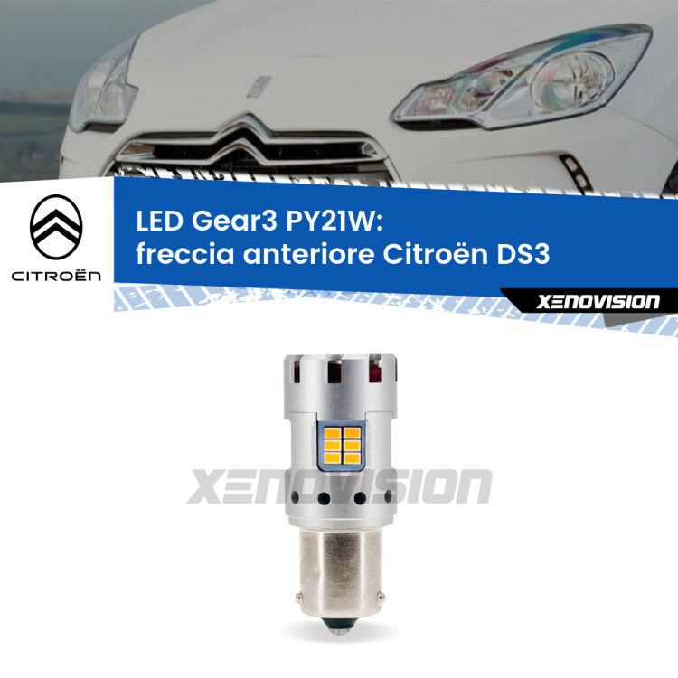 <strong>Freccia Anteriore LED no-spie per Citroën DS3</strong>  2009 - 2015. Lampada <strong>PY21W</strong> modello Gear3 no Hyperflash, raffreddata a ventola.